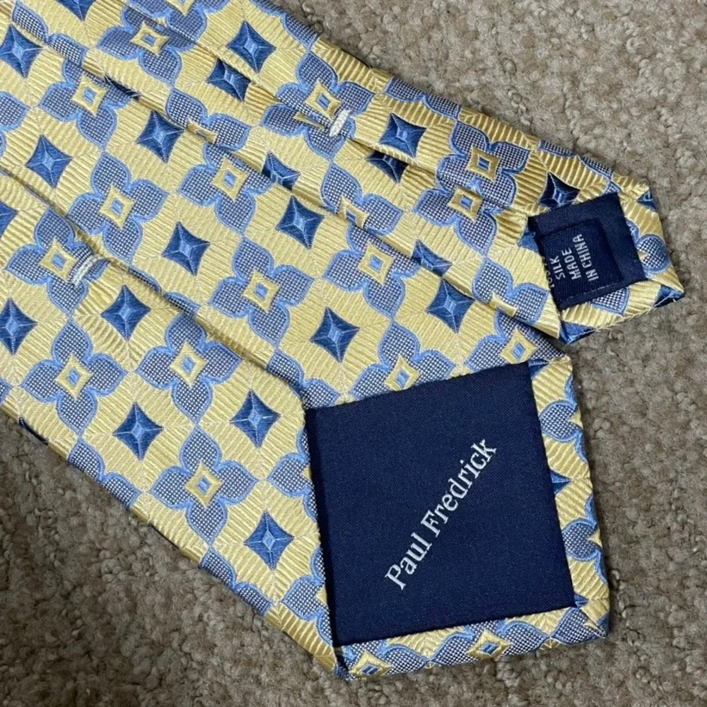 Paul Fredrick Silk Tie Mens OS Gold‎ Blue Classic Wedding Geometric 60x3.25